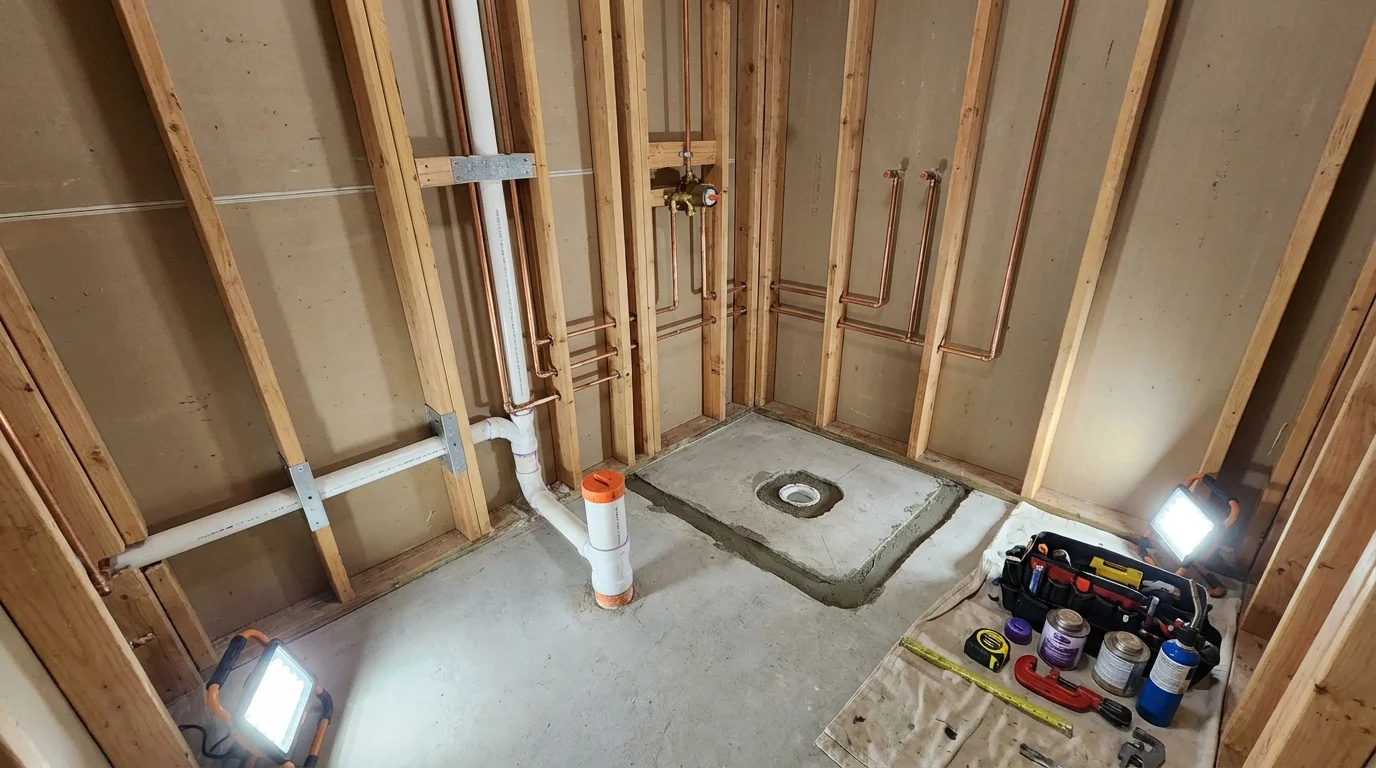 Bathroom rough-in plumbing during remodel by Johns Plumbing LLC in Port Orange