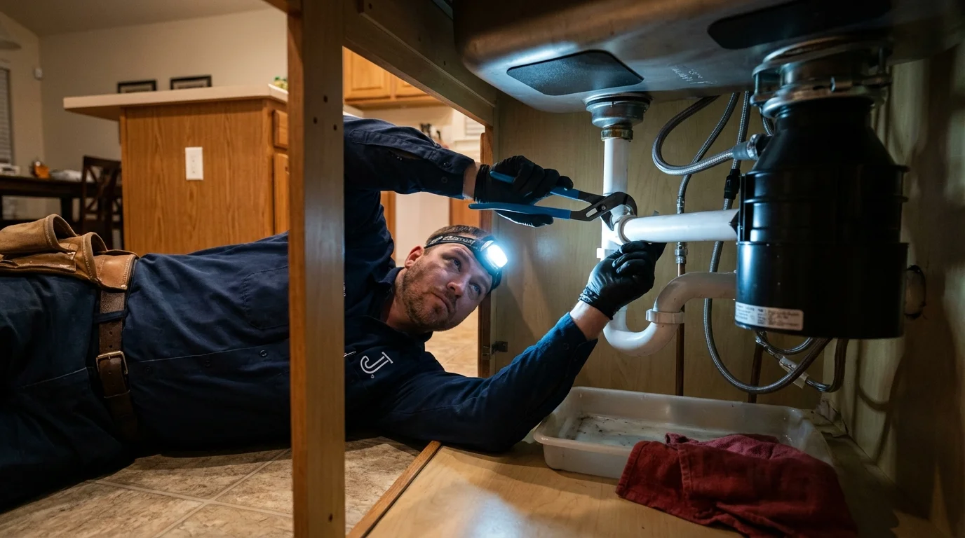 P-trap and supply line connections under a kitchen sink showing a common leak point in Port Orange, FL